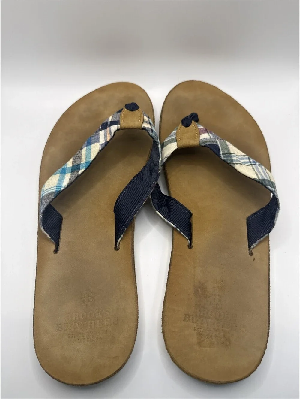 Brooks Brothers Mens Plaid Leather Flip Flop Sandals Tan Blue Made in USA